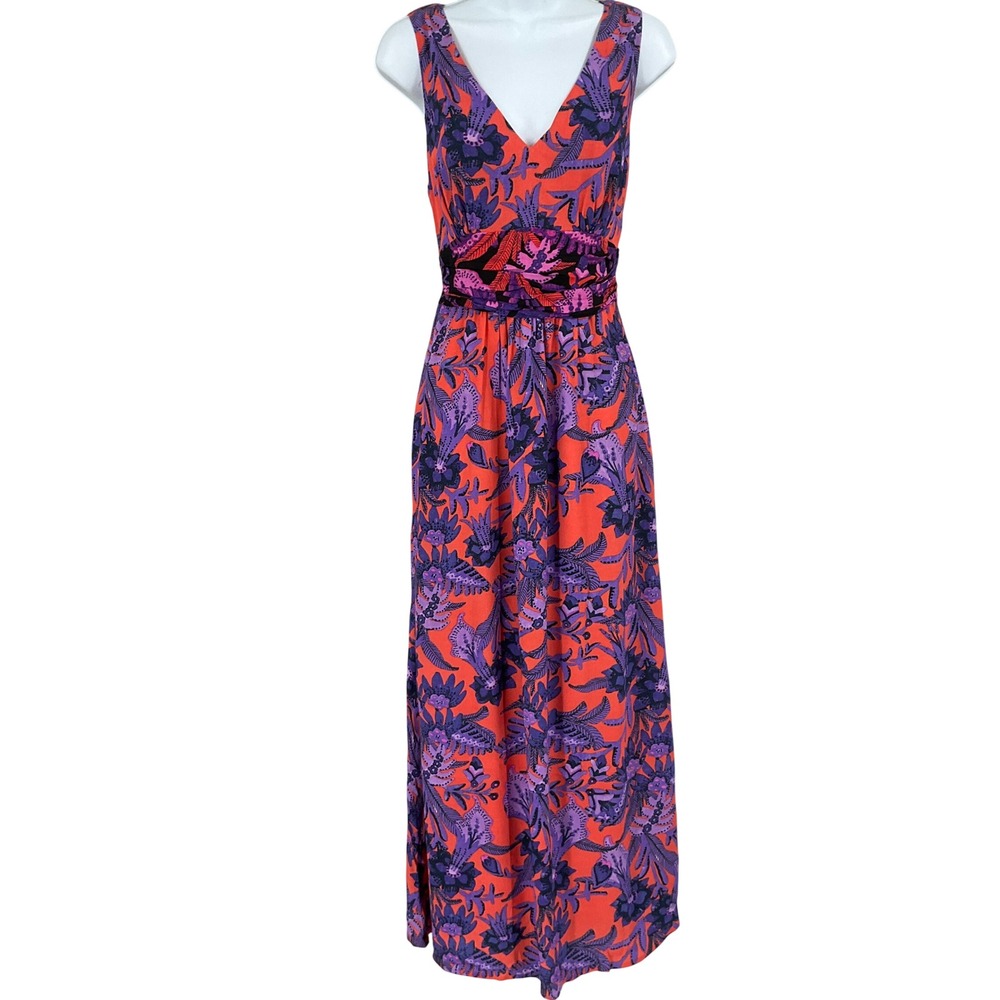 Maeve Maxi Dress Women 4 Orange Floral V-Neck Sleeveless Boho Coastal Resort